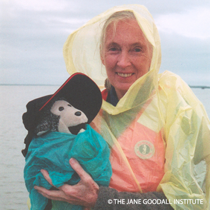 Dr. Jane Goodall and her mascot Mr. H weather the storm on a boat off of the coast of Port Aransas, Texas. 2003.