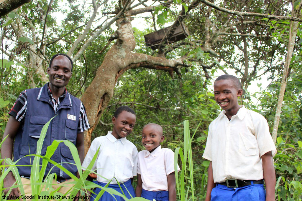 Roots & Shoots students in Tanzania showing a bee hive at their school