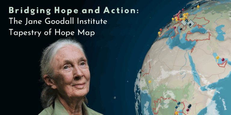 Photo of an elderly, feminine person with pale skin and white hair pulled into a ponytail (Dr. Jane Goodall) next to an image of the Earth with pins in it. Above are the words, "Bridging Hope & Action: The Jane Goodall Institute Tapestry of Hope Map."