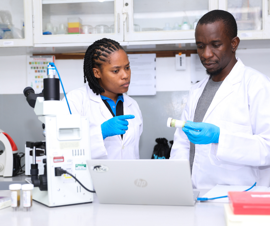 Modern laboratory scientists analyzing samples related to chimpanzee research at the Jane Goodall Institute, demonstrating how Gombe data fuels cutting-edge science. Genetic and health analysis complements decades of field observation in the continued story of Gombe chimpanzee research.